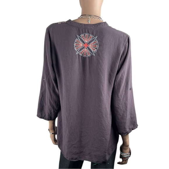 Luna Moon Anthropologie Embroidered Blouse Size Large Tunic Top Gray Boho - Picture 2 of 9